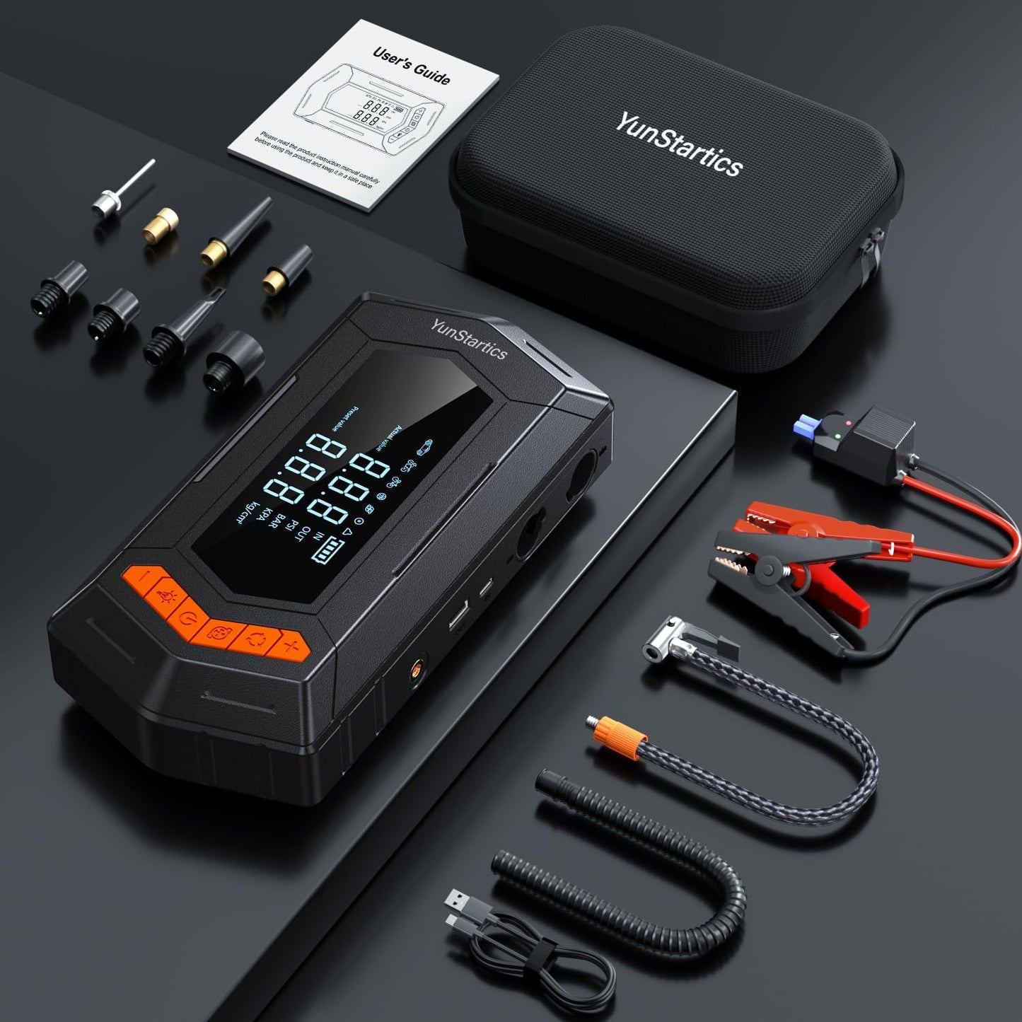 Jump Starter with Air Inflator Deflator Compressor, 4000A Car Battery Jump Starter with Air Compressor Seven in One Jumper Box for 10L Gas 9L Diesel Vehicles with 150PSI Tire Inflator