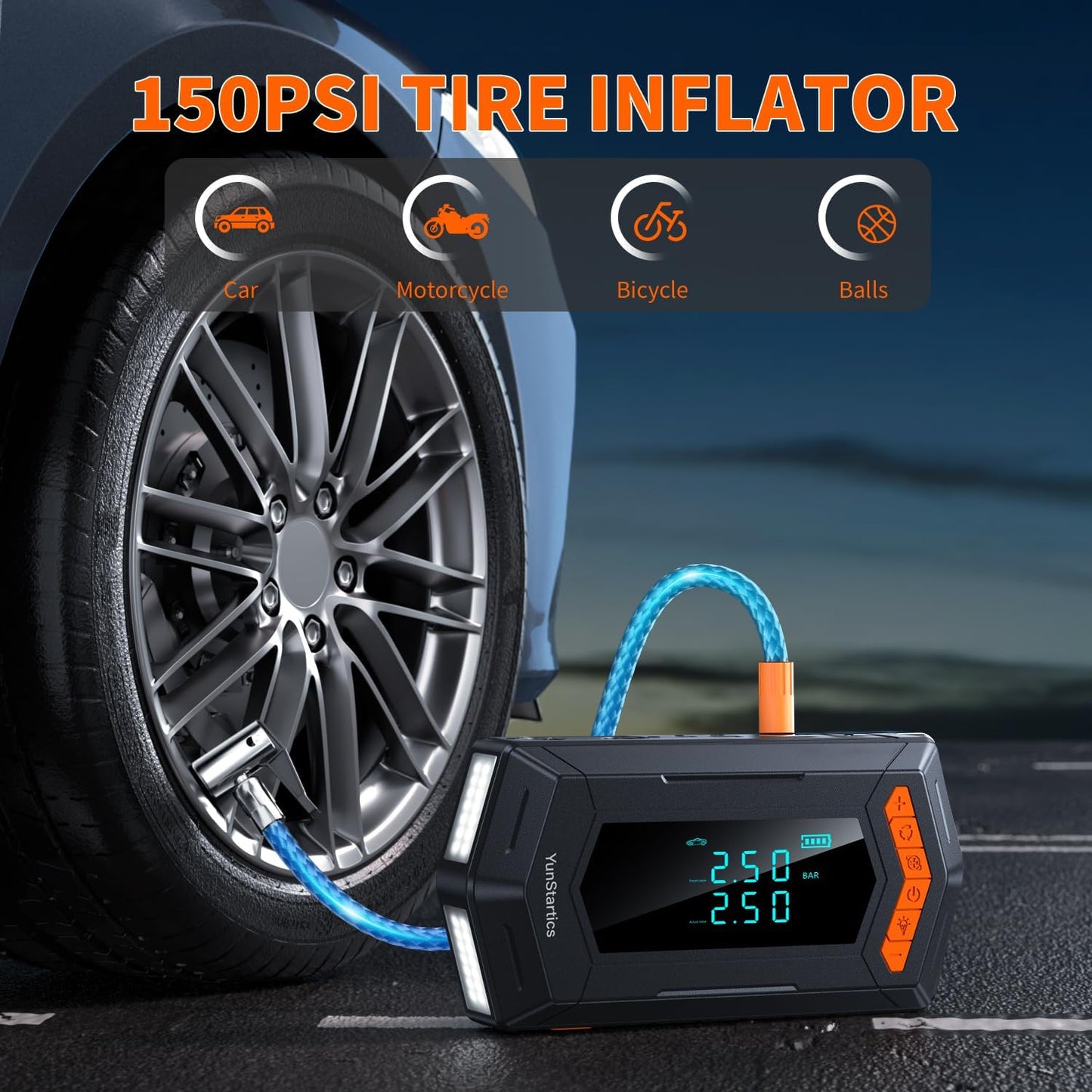Jump Starter with Air Inflator Deflator Compressor, 4000A Car Battery Jump Starter with Air Compressor Seven in One Jumper Box for 10L Gas 9L Diesel Vehicles with 150PSI Tire Inflator