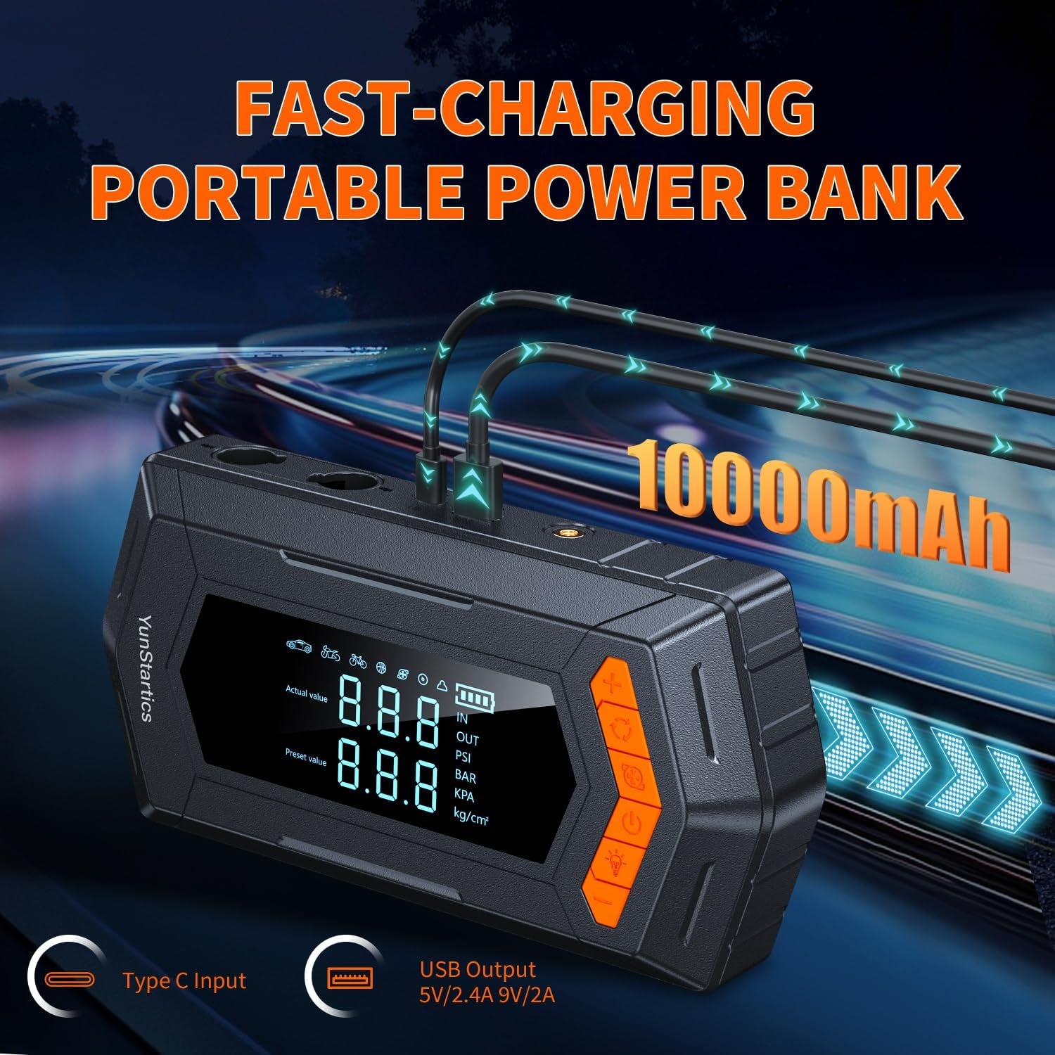 Jump Starter with Air Inflator Deflator Compressor, 4000A Car Battery Jump Starter with Air Compressor Seven in One Jumper Box for 10L Gas 9L Diesel Vehicles with 150PSI Tire Inflator